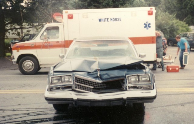 Ambulance 4-9 assisting Honey Brook at an auto accident, Route 322 & Churchtown Road in 1991. (Honey Brook Fire Co. Photo)