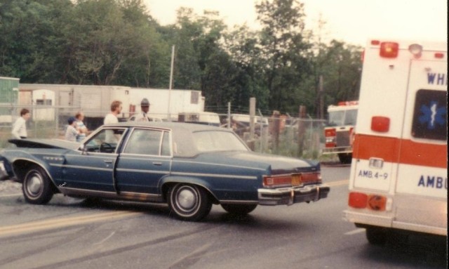 Ambulance 4-9 assisting Honey Brook at an auto accident, Route 322 & Churchtown Road in 1991. (Honey Brook Fire Co. Photo)