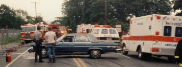 Ambulance 4-9 assisting Honey Brook at an auto accident, Route 322 & Churchtown Road in 1991. (Honey Brook Fire Co. Photo)