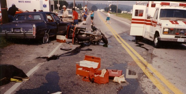 Ambulance 4-9 assisting Honey Brook at an auto accident, Rt. 322 west of Todd Road, 1990 (Honey Brook Fire Co. Photo)