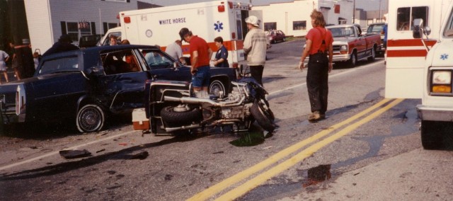 Ambulance 4-9 assisting Honey Brook at an auto accident, Rt. 322 west of Todd Road, 1990 (Honey Brook Fire Co. Photo)