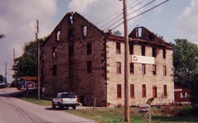 The view of the mill building the day after the Knittery Fire, Cambridge Road, 1999