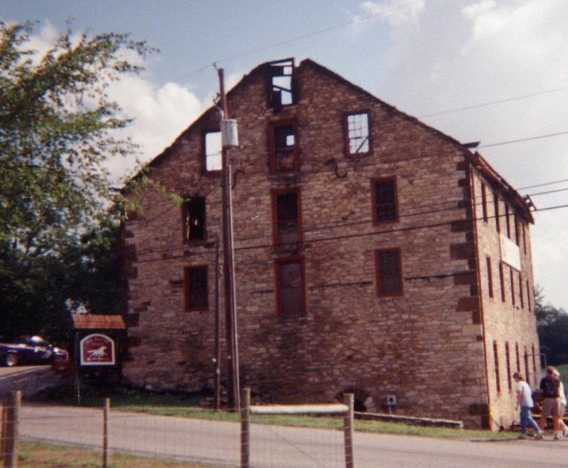 The view of the mill building the day after the Knittery Fire, Cambridge Road, 1999