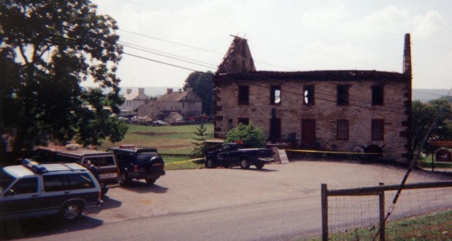 The view of the mill building the day after the Knittery Fire, Cambridge Road, 1999