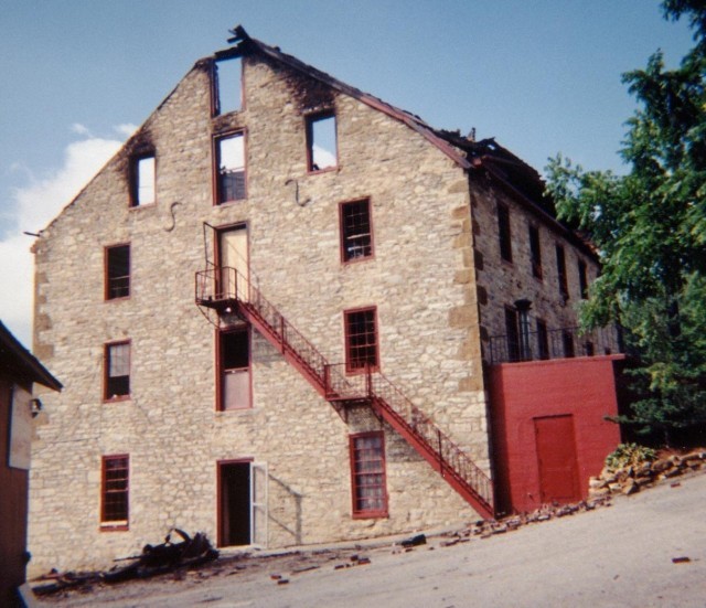 The view of the mill building the day after the Knittery Fire, Cambridge Road, 1999