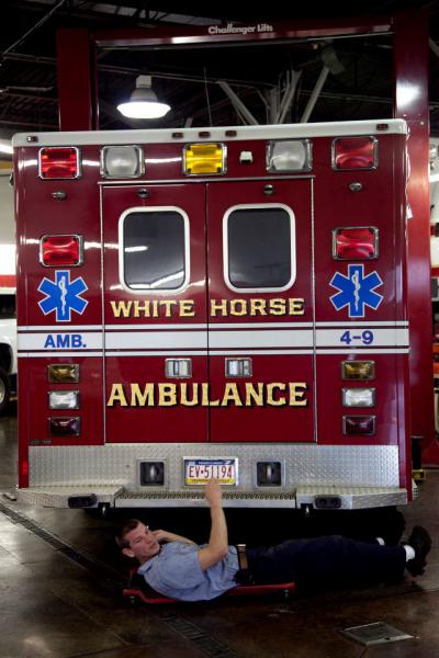  Ambulance 4-9 getting maintenance at 10-8 Emergency Vehicle Service in New Holland (Photo Courtesy of 10-8 EVS)