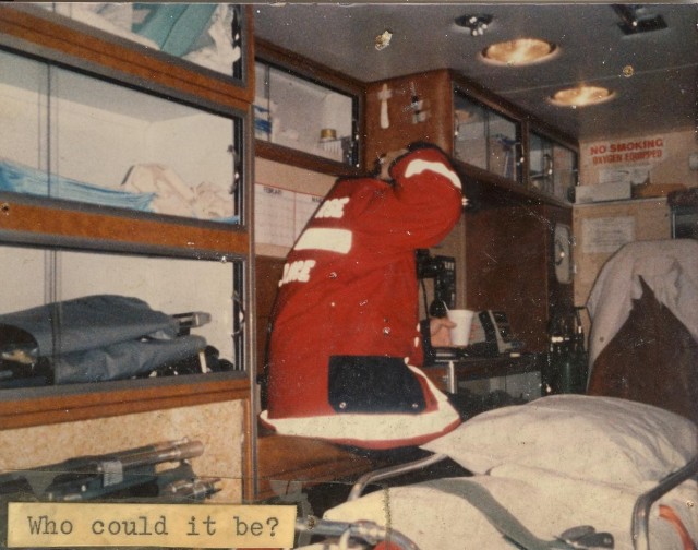 Who could it be??? The cup of coffee kind of gives it away; inside the rear of the '82 ambulance