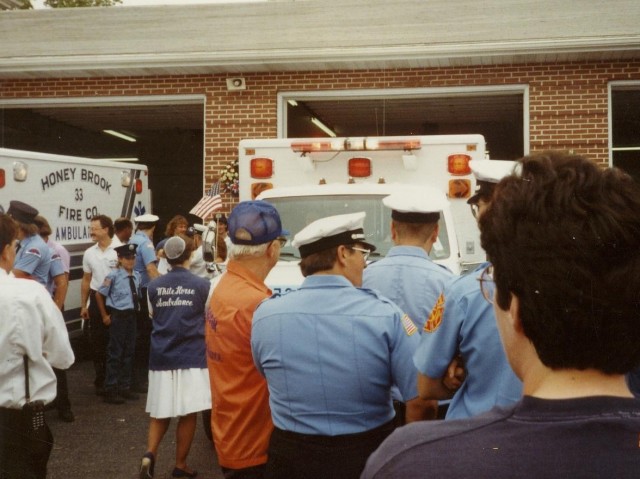 Ambulance 4-9 crew housing one of Honey Brook's new twin ambulances at Honey Brook Fire Company's Triple Housing and Parade; August 1992 (Honey Brook Fire Co. photo)