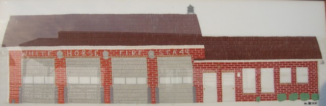 Embroidered picture of the Fire Hall before the renovations. Crafted by Mrs. Mark Beyer.