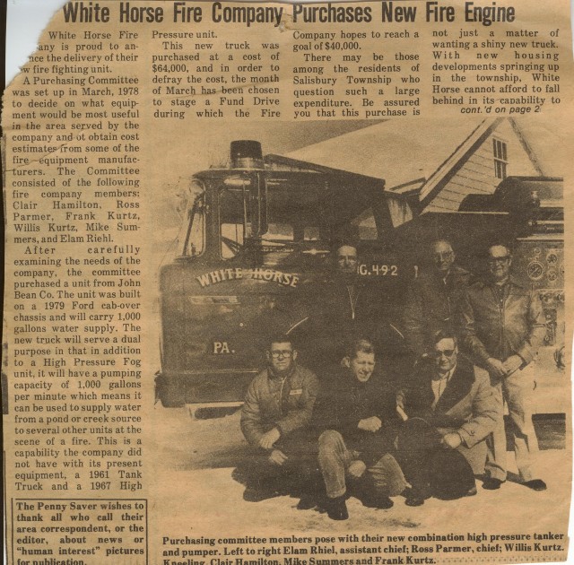 1979... Penny Saver article showcasing the then new 1979 Ford pumper. It had a 1000 gallon per minute pump, and a 1000 gallon water tank.