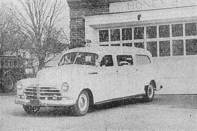 The 1948 Chevrolet ambulance while still in service at Honey Brook in 1951. It was bought new by Honey Brook in 1948 to become their first ambulance. It would eventually become our first ambulance when we bought it from Honey Brook in 1958. (Photo Credit: Honey Brook Fire Company)