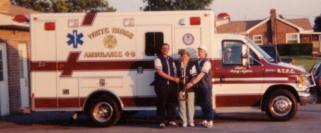 Ambulance 4-9 captured 1st place in the '97 County Parade in New Holland. The crew from L to R: Chuck Welsh, Cheryl Killinger, Corey Gossert. Ron Diem Jr. is in the drivers seat.