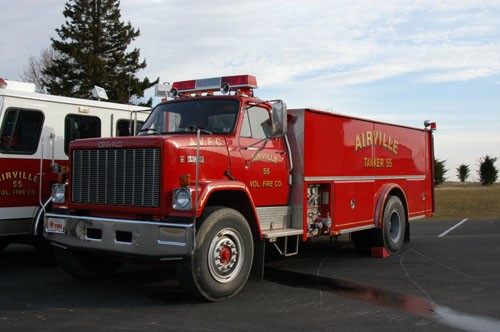 Old Tanker 4-9, 1984 GMC, at it's new home as Tanker 55 in Airville, York County, PA. Airville bought it from us in 1996. (M. Kyte photo)