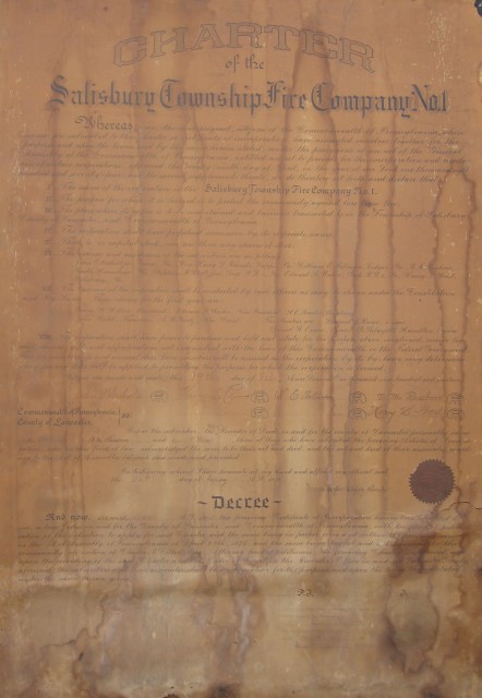 Our original 1914 Charter granted to us by the Lancaster County Courts. Unfortunately, as you can see, time and water damage has taken its toll.